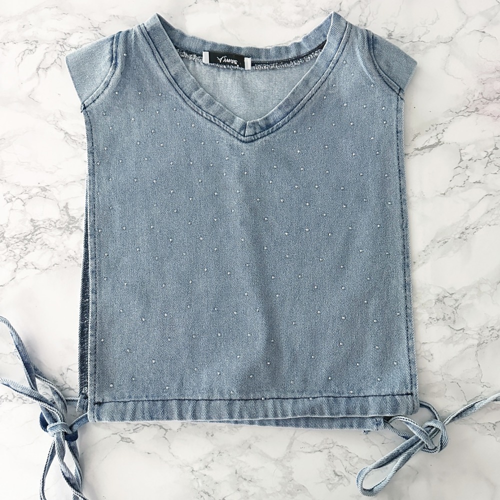 Aynaz Denim Rhinestone Open Side Tir Blue Cotton Crop Top Womens Size 36 - Picture 2 of 8